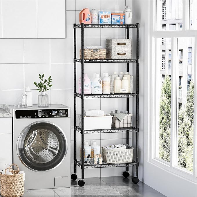 DUMOS 2 Pack 3Tier 4Tier 5 Tier Metal Shelving, Heavy Duty Shelves Wire Shelving Unit with Removable Wheel Casters, Shelves Organizer for Bathroom Garage Living Room Kitchen Pantry Laundry