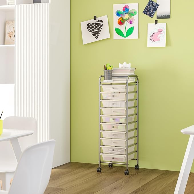 Seville Classics Rolling Utility Organizer Storage Cart, for Home Office, School, Classroom, Scrapbook, Hobby, Craft, 10 Drawer, Frost White