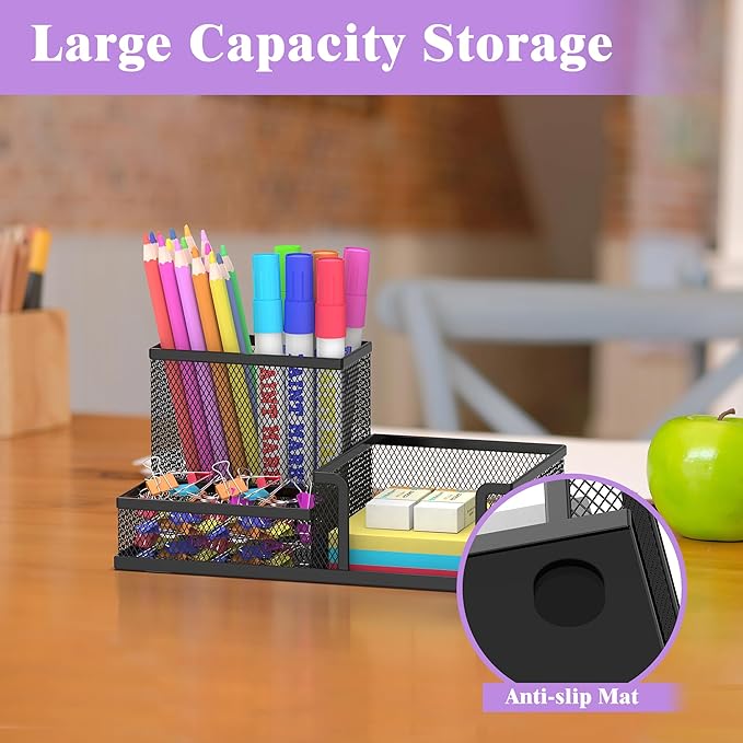 SUPEASY Pen Holder Desk Organizer, Office Supplies Pencil Holder with 3 Compartments, Desk Accessories and Workspace Organizers for Home School, Black
