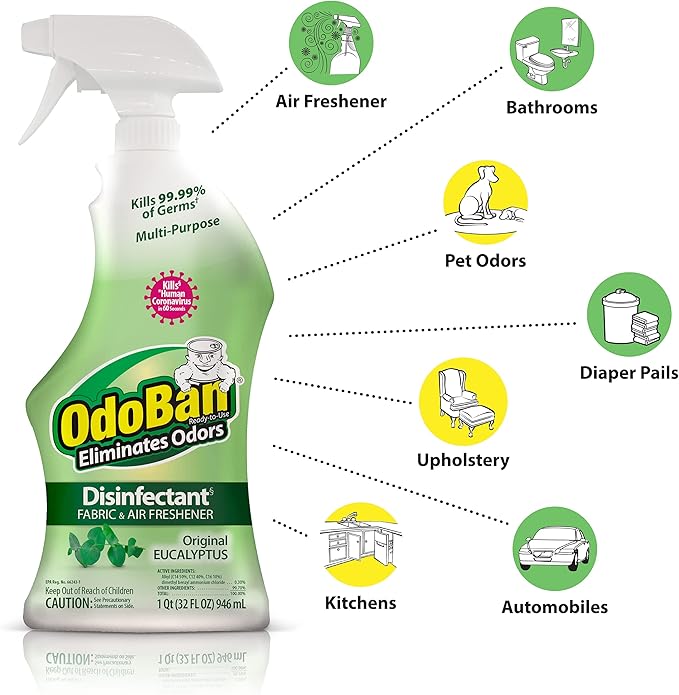 OdoBan Ready-to-Use Disinfectant and Odor Eliminator, Made in the USA, Original Eucalyptus Scent, Set of 2, 32 oz Spray and 1 Gallon Concentrate