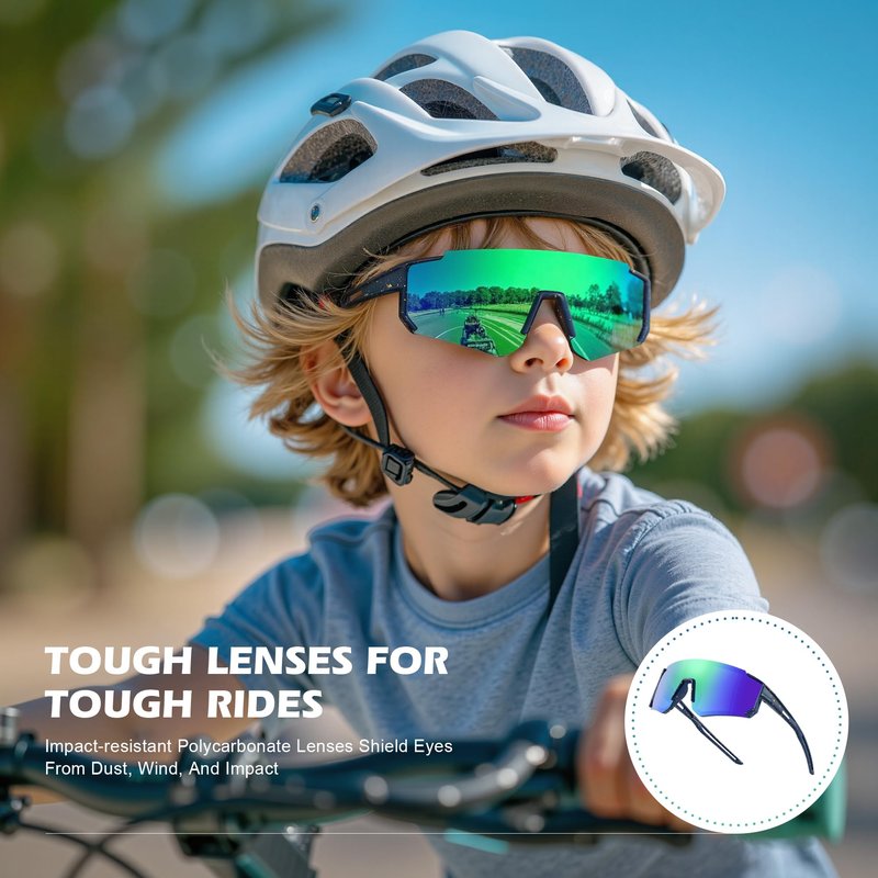 Fanshen Kids Baseball Sunglasses for Boys Girls Ages 3-12, Sports Polarized Youth Baseball Softball Sunglasses UV Protection (Bright Black/Ice Blue)