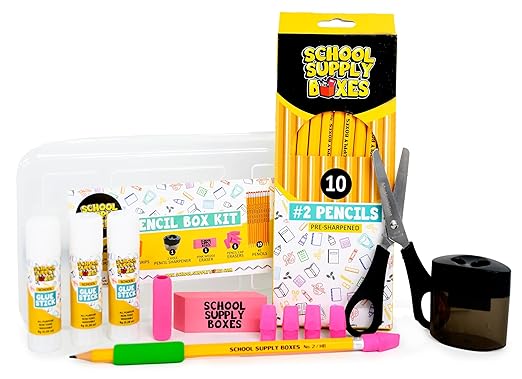 Back to School Supply Box (Pallet - 180 Boxes) - Grades K-5 Back to School Supplies - 32 Piece Kit Includes Markers, Crayons, Pencils, Scissors, Folders, Glue Sticks, Notebook, and Composition Book
