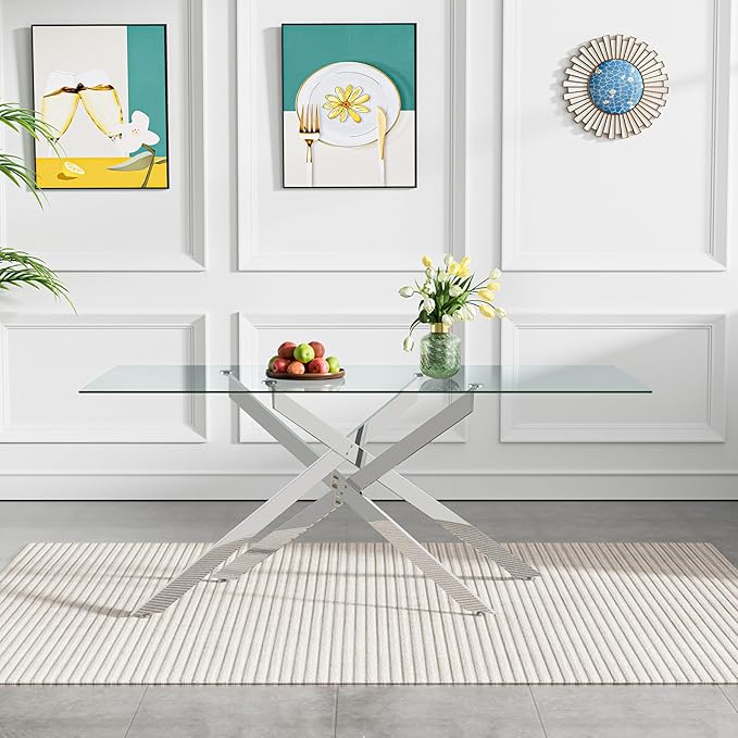 60" Rectangular Glass Dining Room Table for 6 with Tempered Glass Top and Silver Metal Legs, Modern Clear Kitchen and Dinner Table for Home Office Dining Room