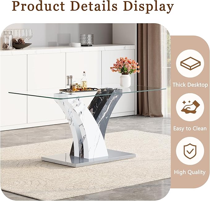 Glass Dining Table Set for 6, 63” Kitchen Table Set for 6, Modern Dining Room Table Set with Upholstered Chairs, Tempered Glass Tabletop with Y Shape Base