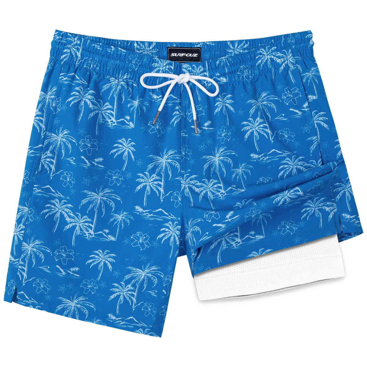 SURF CUZ Mens Swim Trunks with Compression Liner Quick Dry Swim Shorts 7" Swimming Trunks Stretch Zipper Pockets Blue Palm Island Small