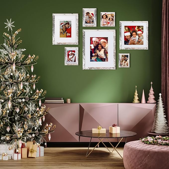 Egofine 9x12 Picture Frame Made of Solid Wood Rustic White Covered by Plexiglass, Wood Frame for Pictures 5x7/6x8 with Mat or 9x12 without Mat, Tabletop and Wall Mounting Display
