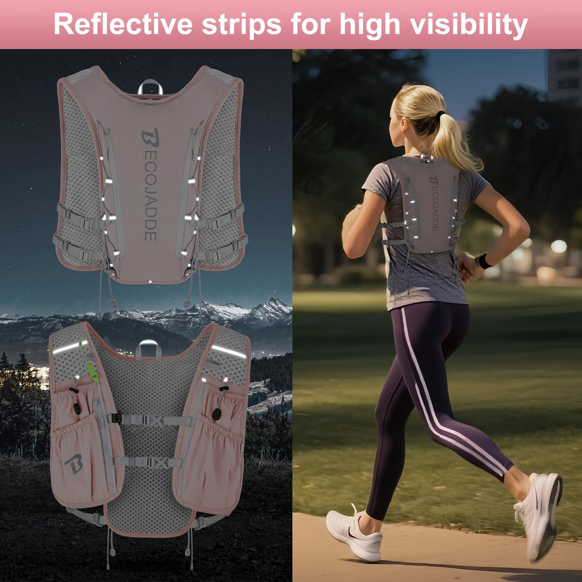 BECOJADDE Running Vest Hydration Backpack with Two 500ML Soft Water Bottles for Men Women, 5L Lightweight Running Pack Hydration for Marathon, Trail, Cycling, Hiking, Jogging Pink