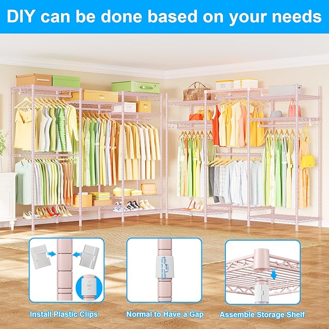 Ulif E13 Heavy Duty Clothes Rack（With 4 Hanger Rods & 8 Shelves） Freestanding Clothing Racks for Hanging Clothes，Adjustable Closet Organizer，Metal Garment Rack 63" W x16 D x77 H，Max Load 900LBS，Pink