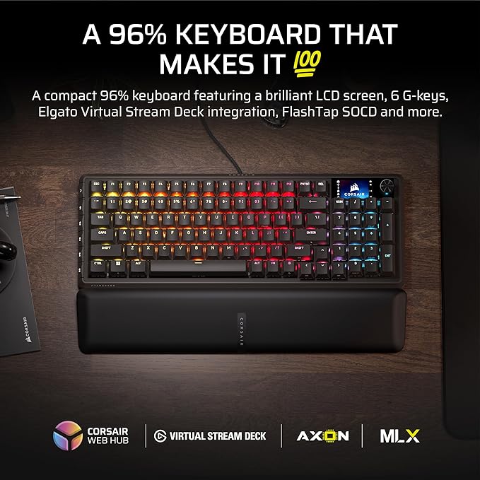 Corsair Vanguard 96 Wired Mechanical Gaming Keyboard – 96% Layout, MLX Fusion Tactile Switches, 8000Hz Polling, LCD Display, Virtual Stream Deck, G-Keys, SOCD Flashtap, QWERTY US – Black