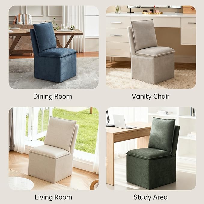 VKNOW Upholstered Dining Chairs Set of 4, Modern Rolling Chairs with Storage and Wheels, Linen Armless Chair with Cushion and Backrest, Dining Room Chairs for Living Room Kitchen Bedroom, Light Grey