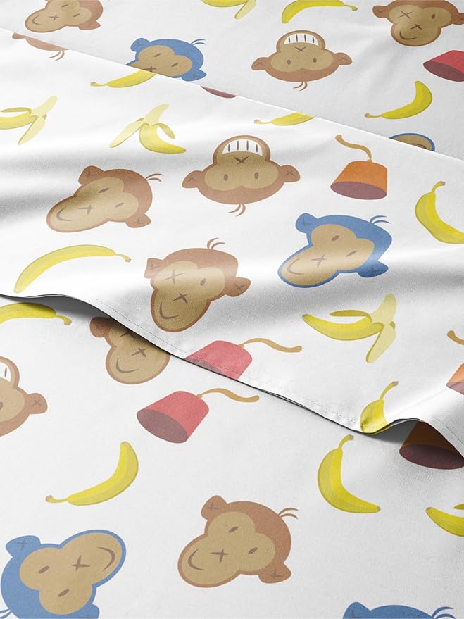 Kids Full Size Monkey Bed Sheets - 4 Piece Monkey Sheet Set - Cartoon Banana Bedding - Ultra-Soft, Cute & Cozy - Comfy, Breathable & Machine Washable - Animal Bed Set for Boys, Girls, Teens & Toddlers