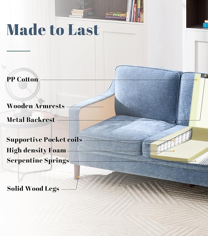 Kingfun Living Room Furniture Sets, 3 Seater Couch and Loveseat, Mid Century Modern Sofa Set, Chenille Couch with Solid Wood Frame for Living Room & Bedroom, Light Blue