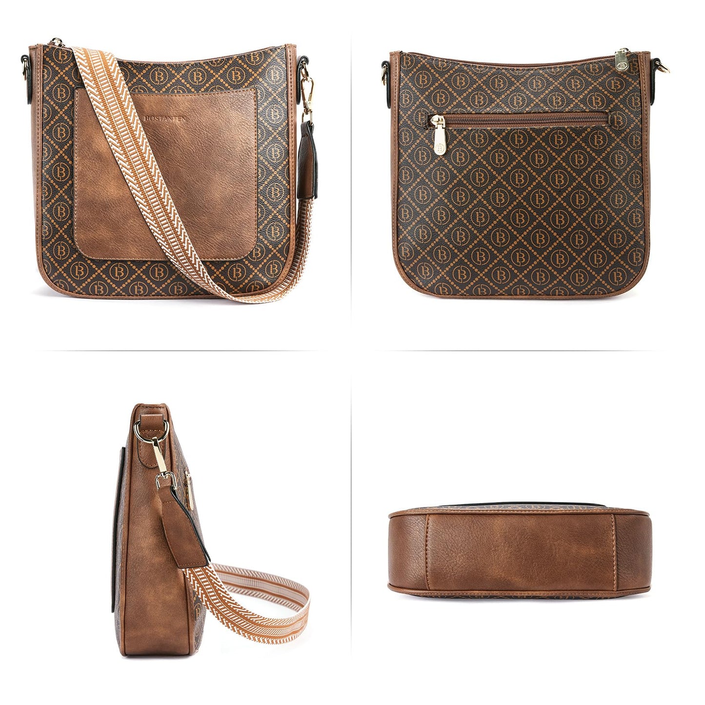 BOSTANTEN Crossbody Bags for Women Trendy Vegan Leather Hobo Handbags Fashion Shoulder Purse with Adjustable Guitar Strap Deep Brown
