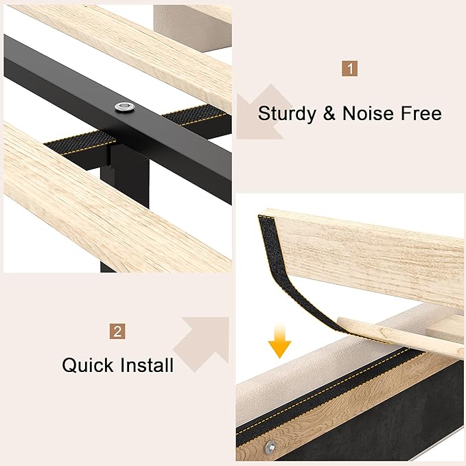 VECELO Full Bed Frame with Upholstered Wingback Headboard, Heavy-Duty Platform Bedframe with Charging Station, Wooden Slats, No Box Spring Needed, Beige