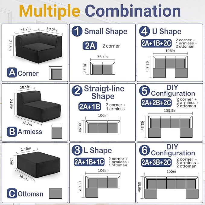 38“ Modular Sectional Sofa Convertible Cube Thick Couch Seat Set, Combine L-Shaped U-Shaped, Free Assembly, Space-Saving for Living Room, Fabric Chenille Black Grey (Only Armless)