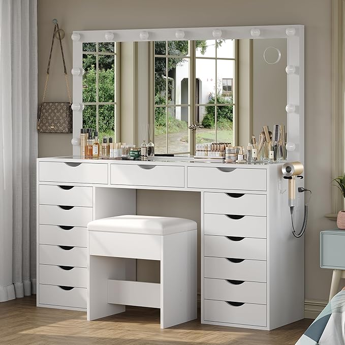 15 Drawers Vanity Desk with Power Outlet, Makeup Table with Mirror and 13 LED Lights, 3 Color Lighting Modes, Brightness Adjustable, Glass Top Dressing Table, Vanity Set for Bedroom (White)