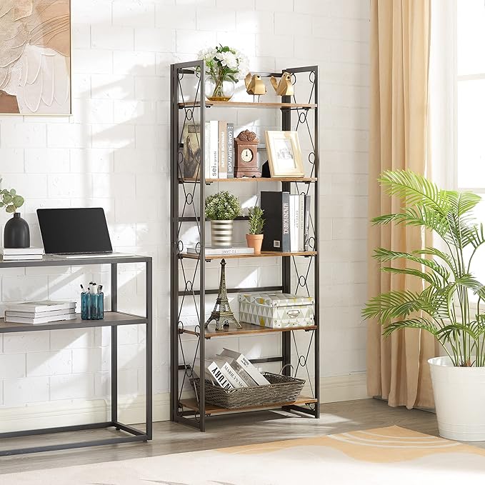 VECELO Folding Bookshelf, 5-Tier Foldable Bookcase Easy Assembly, Industrial Tall Book Shelf Storage Organizer for Living Room/Home Office