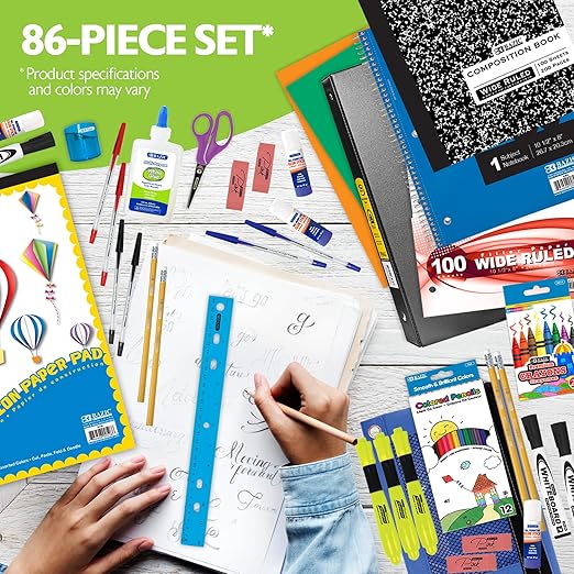 BAZIC PRODUCTS Elementary School Supply Kit, 86-count Student Set for Elementary Students Grades 3-6, Complete School Supplies With Fully Organized Supply Box, 1-pack