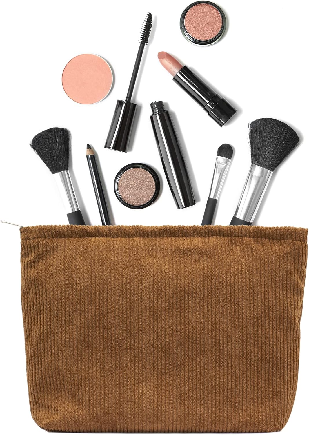 PAZIMIIK Makeup Bag Large Zipper Corduroy Make Up Pouch for Purse Travel Canvas Cosmetic Organizer for Women Brush Storage,Brown