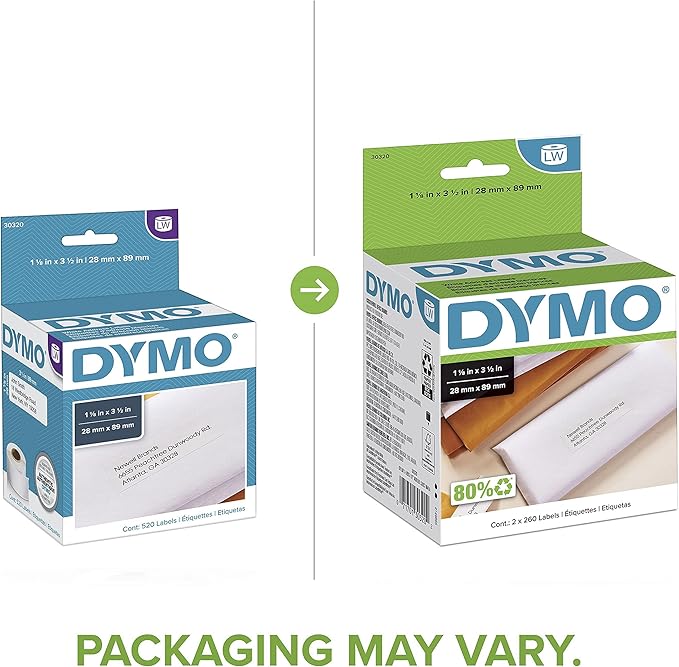 DYMO LW Mailing Address Labels for LabelWriter Label Printers, White, 1-1/8'' x 3-1/2'', 2 Rolls of 260