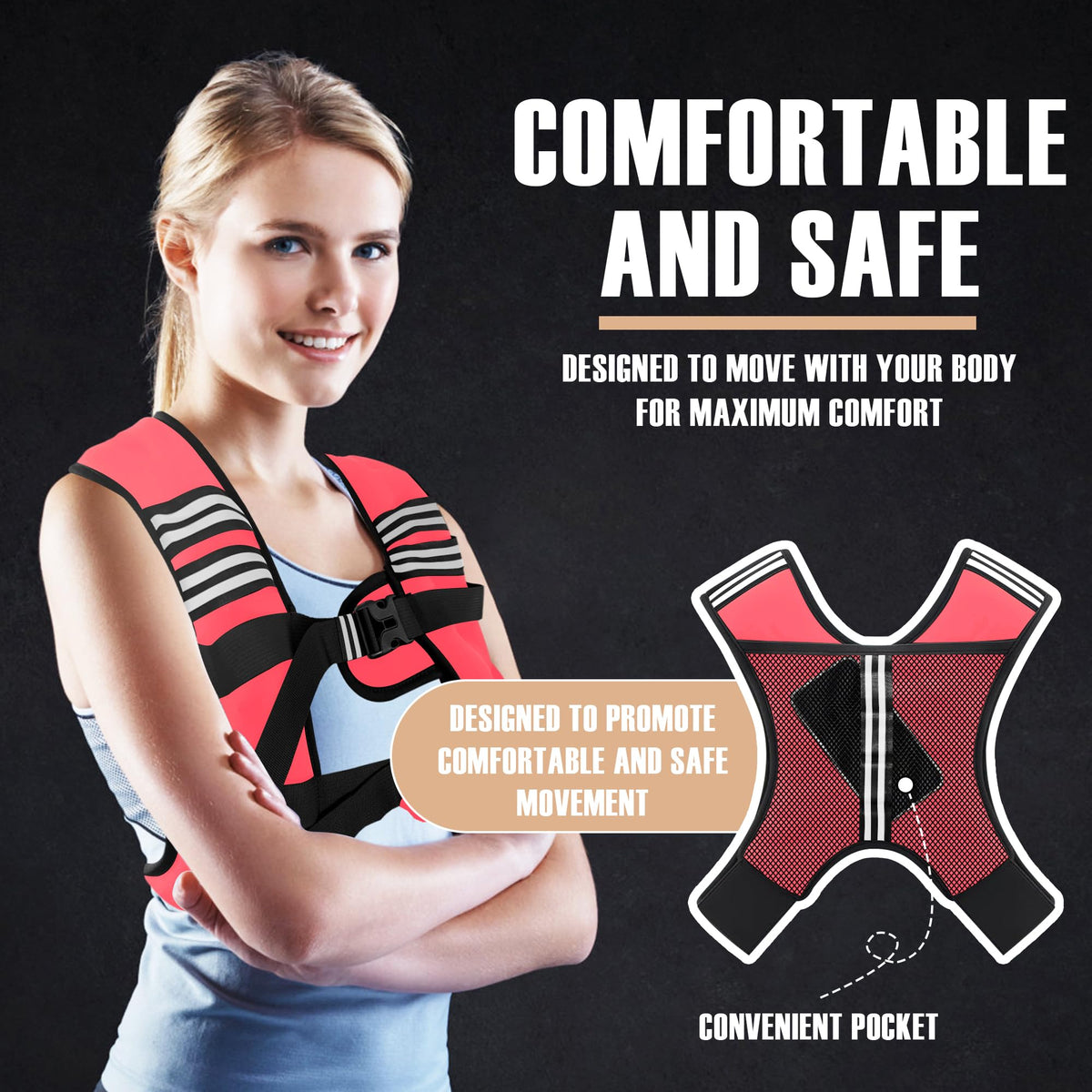 NATURELUX Weighted Vest with Reflective Stripe and Adjustable Buckle Straps, Pink, 15 lbs