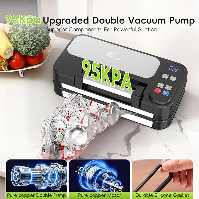 95kpa Vacuum Sealer for Food, 125W Food Saver Vacuum Sealer Machine, 10-in-1 Compact Meat Vacuum Packing Machine with Bags Storage, Built-in Cutter, Easy-Lock Handle, Ideal for Home and Commercial Use