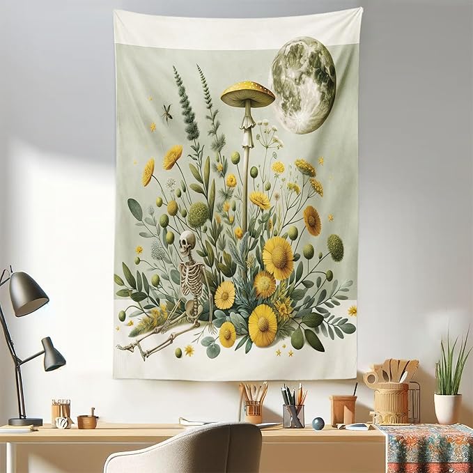 Ambesonne Trippy Tapestry, Bohemian Botany Feel Leafy Jungle Flowers with Skeleton and Moon Ornate, Fabric Wall Hanging Decor for Bedroom Living Room Dorm, 30" X 45", Pale Green Earth Yellow