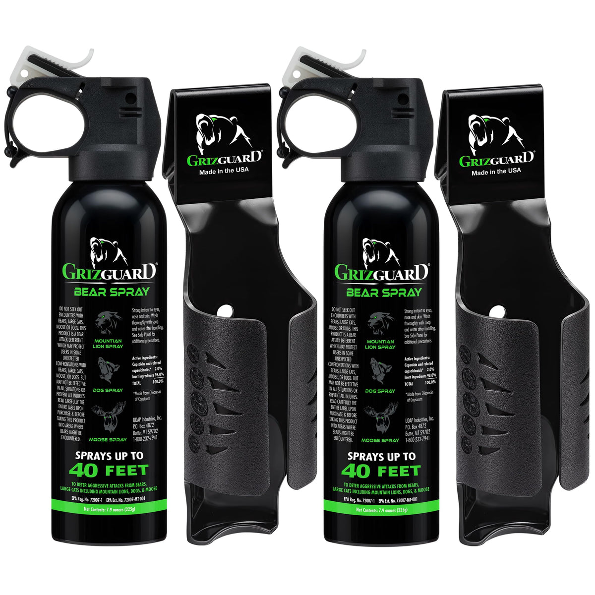 Griz Guard Bear Spray with Holster 2 Pack – Max Strength 7.9 oz, 40-Foot Range, EPA-Registered Deterrent for Bears, Mountain Lions, Coyotes, Dogs & Moose, Glow Safety Clip, Hiking & Camping Protection