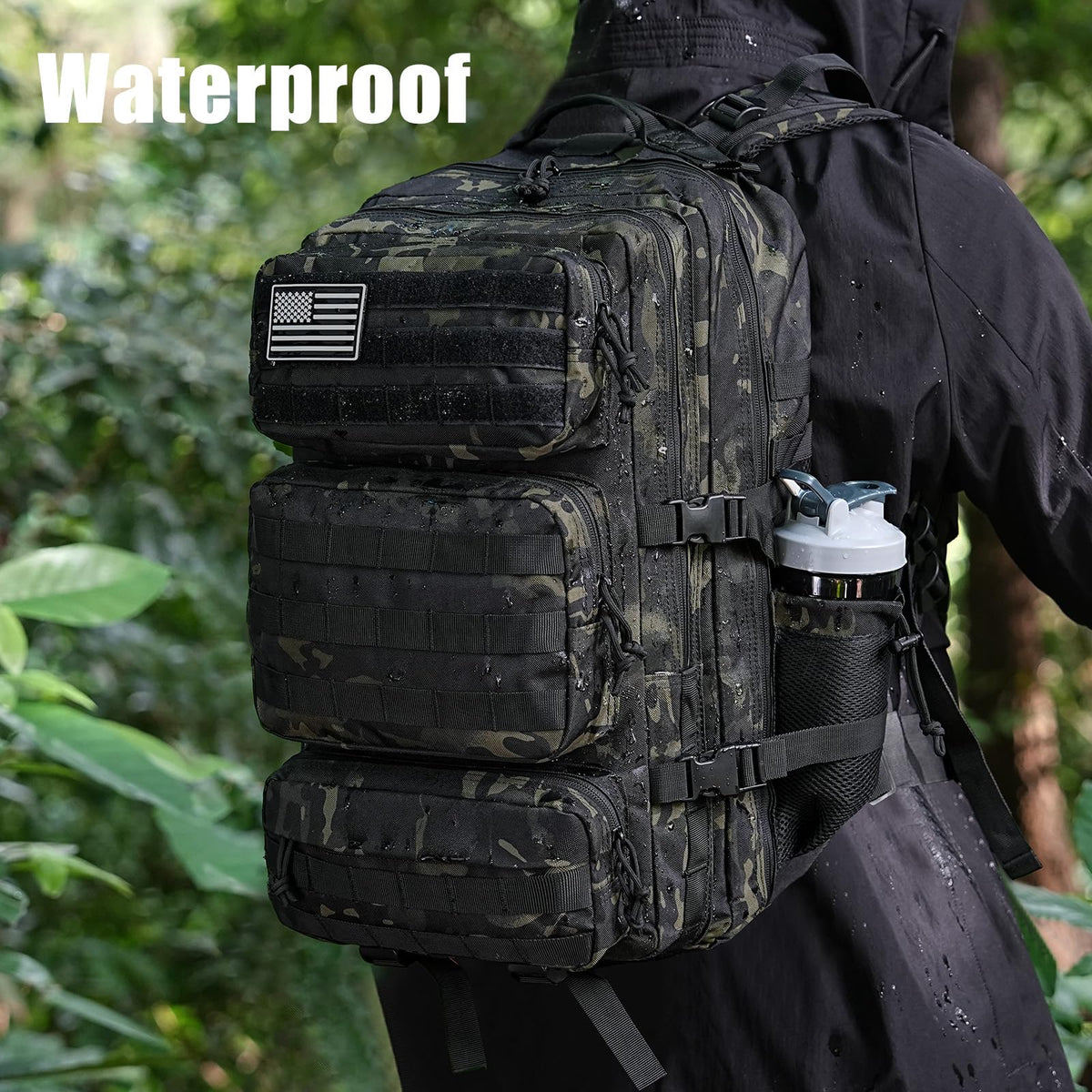 kookoomia Military Tactical Backpack 25L Day Backpack for Men Molle Army 3 Days Assault Pack Bug Out Bag Water Resistant and Heavy Duty Hiking Treeking Rucksack - Black Camo