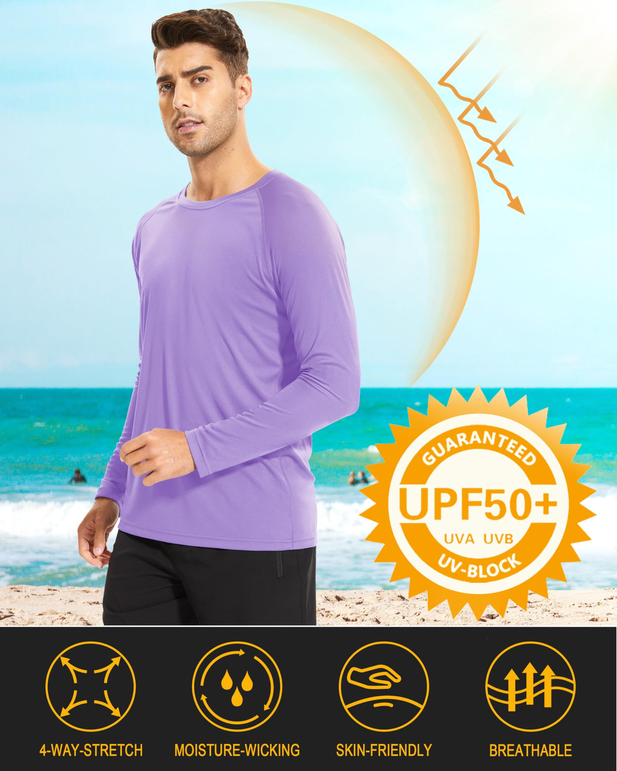 Quick Dry Baselayer Rash Guard Men's UV Protection Summer Long Sleeve Hiking T-Shirt Sun Shirts Light Purple