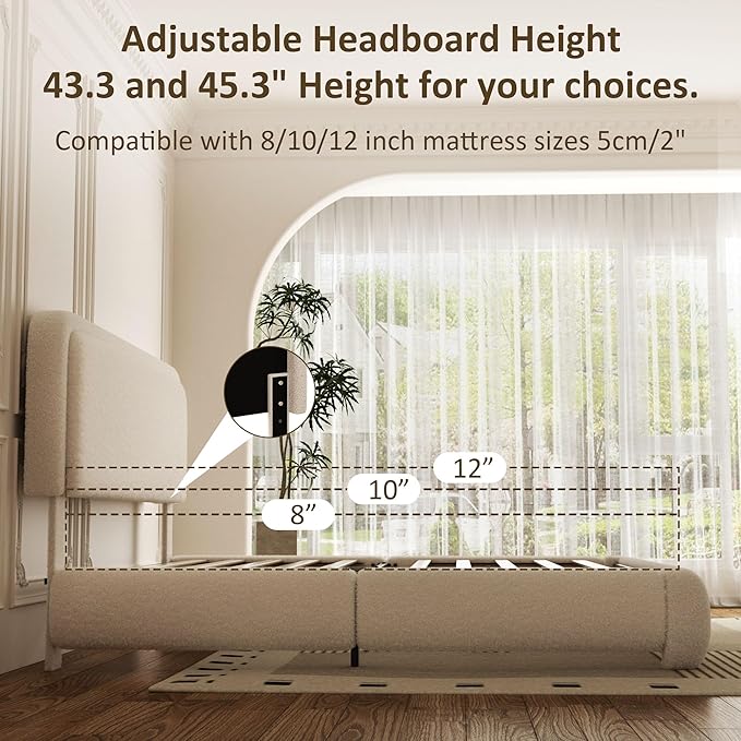 Queen Bed Frame, Teddy Velvet Boucle Bed Frame with 43.3"/45.3" Adjustable Upholstered Headboard, Rounded Corners, Mattress Foundation, No Box Spring Required, Beige