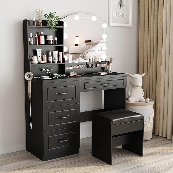 Makeup Vanity Table with Lighted Mirror & Power Strip, Vanity Set with Hair Dryer Rack, Lots Storage, 3 Lighting Modes, Brightness Adjustable, Black