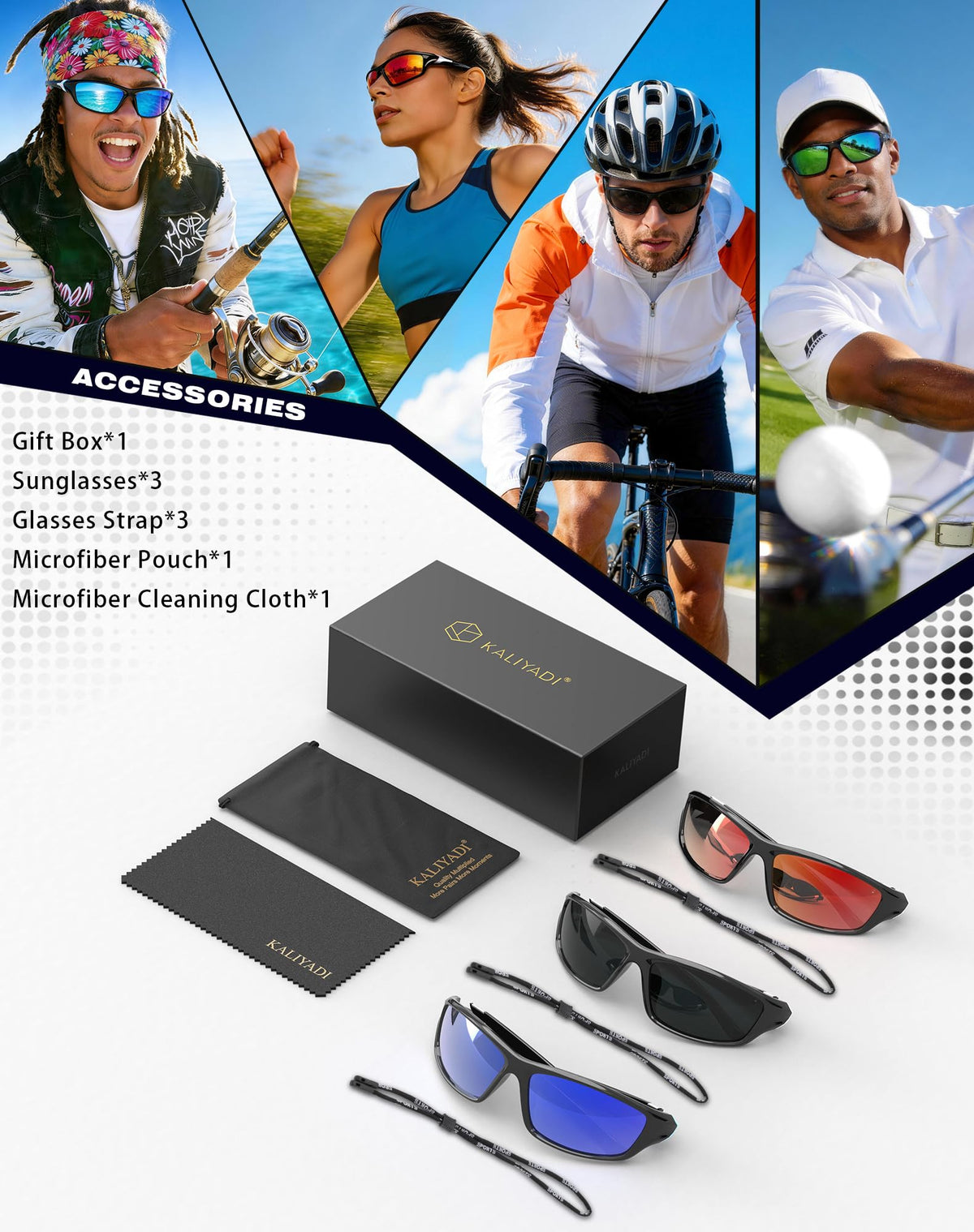 KALIYADI Sports Polarized Sunglasses Men UV400 Protection for Fishing Driving Cycling, Black/Blue/Silver, 3 Pack