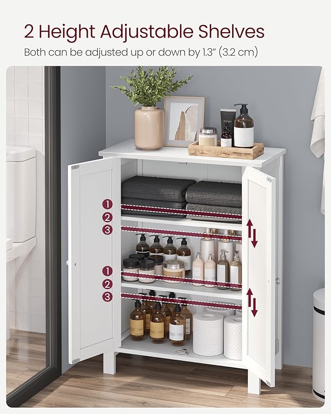 VASAGLE Floor Storage Cabinet, Freestanding Storage Unit with 2 Adjustable Shelves, for Bathroom Living Room Dining Kitchen, 11.8 x 23.6 x 31.5 Inches, Cloud White UBCB060WH01S