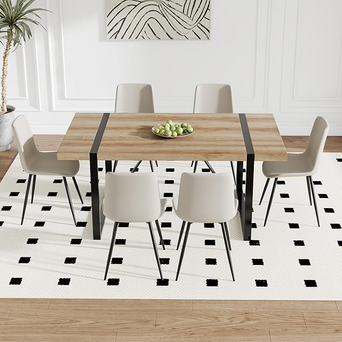 Dining Table Chairs Set for 6, Modern Rectangular Dining Room Table Set Upholstered Dining Chairs 71" Dinner Table Set for Kitchen (Brown Table & Grey2 Chairs, 71 Inch Table + 6 Chairs)