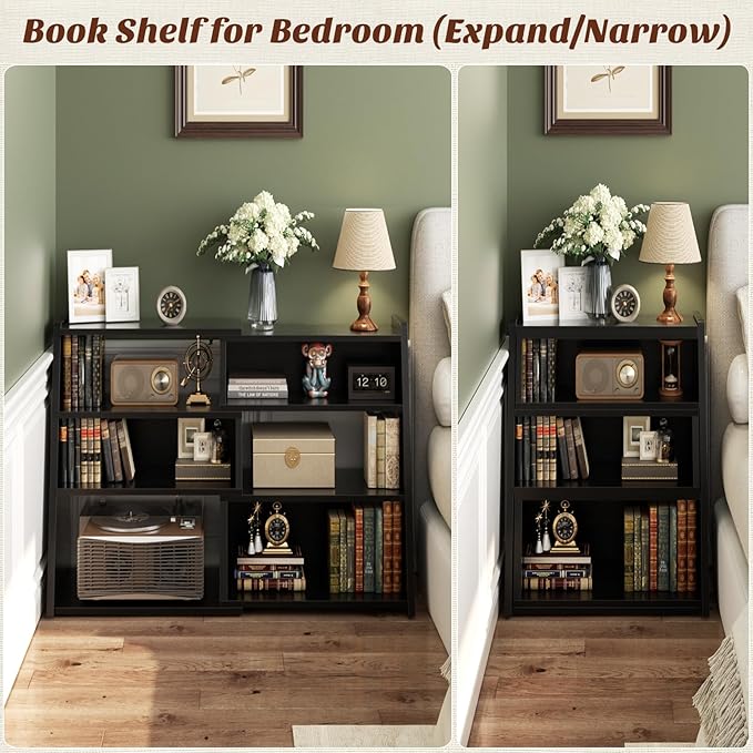 Armocity Book Shelf - Small Expandable Ladder Shelf, Short Corner Bookshelf for Small Spaces, 4 Tier Wood Narrow Bookcase, for Living Room, Bedroom, Entryway, Black