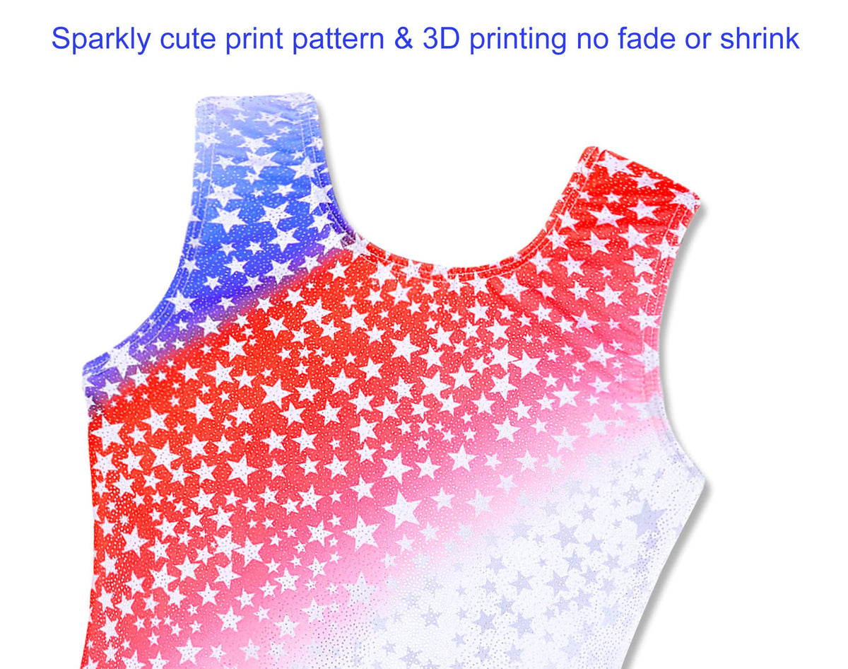 Domusgo Leotard for Girls Gymnastics Size 7-8 Years Old Sparkly Red Blue White Star Biketard with Shorts