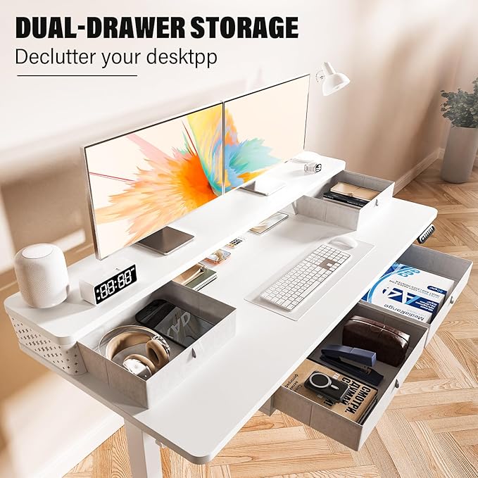 Electric Standing Desk with 4 Drawers 40''x 24'' Small Adjustable Height Sit to Stand Up Desk with Storage Shelf, C-Clamp Mount Compatible Black Home Office Desks Computer Desk Ergonomic Workstation