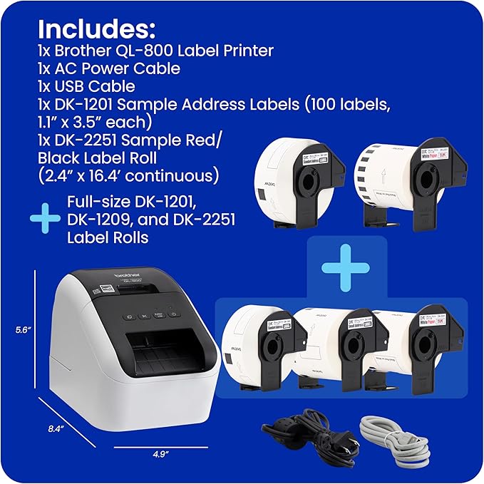 Brother QL-800 High-Speed Professional Label Printer, Plug & Label Feature, Brother Genuine DK Pre-Sized Labels, Multi-System Compatible – Black & Red Printing Available (Required USB Cable Included)