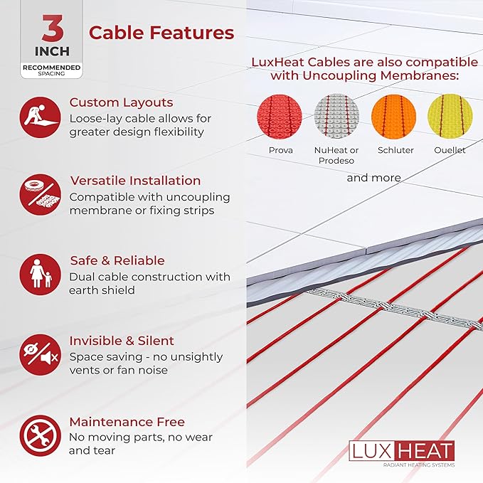 150sqft Floor Heating Cable Kit - 120v Heated Flooring Kit - Heated Flooring System Includes UDG Programmable Thermostat w/GFCI, Radiant Floor Heating Cable, Strapping, Sensor & Alarm