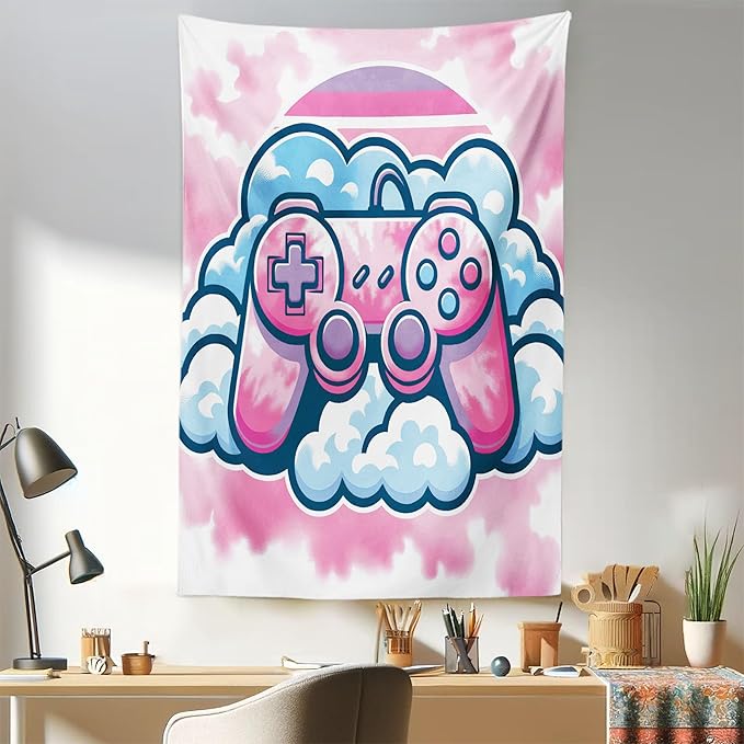 Ambesonne Pink Tapestry, Girly Gamer Concept Design with a Controller and Clouds on a Soft Tie Dye Sky, Fabric Wall Hanging Decor for Bedroom Living Room Dorm, 30" X 45", Purple Pale Blue