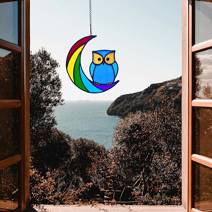 Stained Glass Owl Suncatcher Window Hanging Ornament, Stained Glass Birds Suncatcher for Window Decor,Owl Gifts for Women, Mom