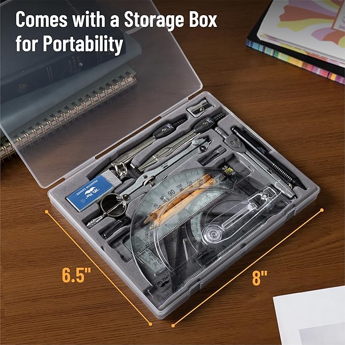 Mr. Pen- Geometry Set, 15 pcs, Navy Blue, 6 Inch Swing Arm Protractor, Divider, Set Squares, Ruler, Compasses and Protractor