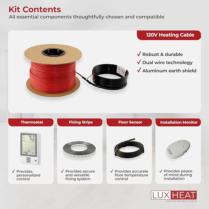 70sqft Floor Heating Cable Kit - 120v Underfloor Heating System for Tile - Heated Flooring System - Includes UDG Programmable Thermostat w/GFCI, Heated Floor Cable, Strapping, Sensor & Alarm
