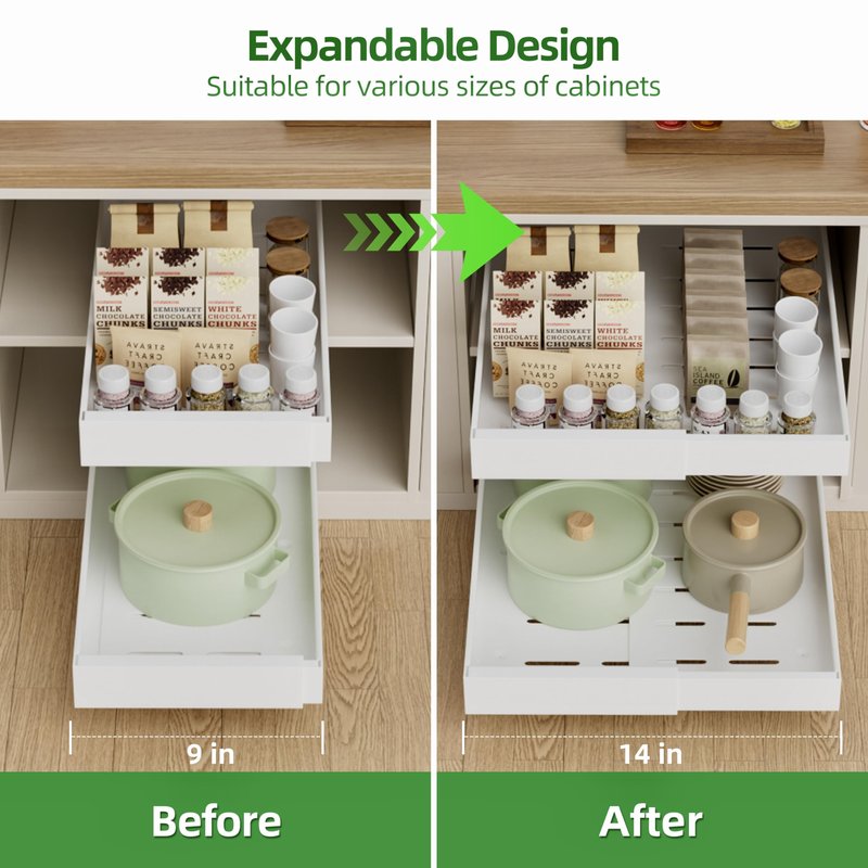 PAKETA 4 Pack Expandable Pull Out Cabinet Organizer, 21'' Deep Pull Out Drawers for Cabinet, Upgrade 3 Slide Rails Sliding Drawers for Cabinets with Adhesive Nano Film (White, 21"D X 9-14"W)