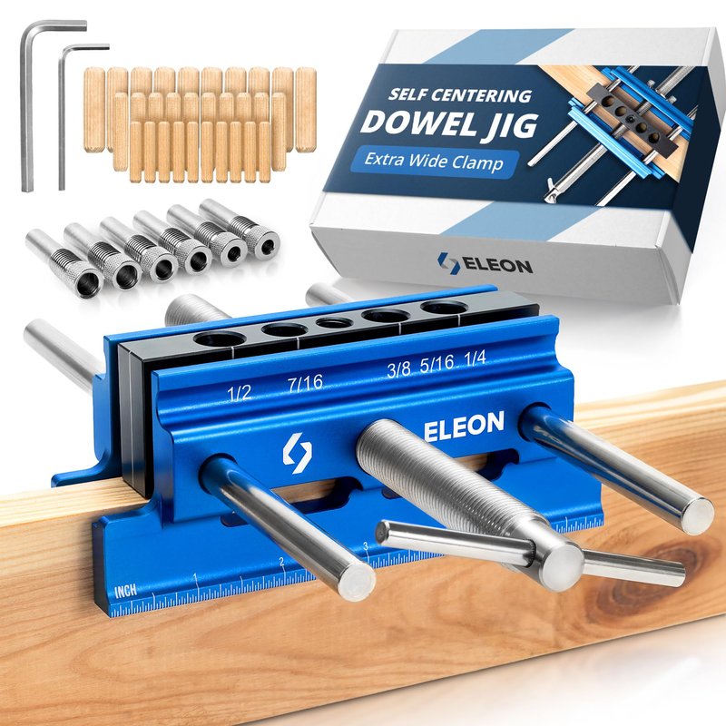 ELEON Self Centering Dowel Jig with Elongated Jaws & Extra Wide Clamp up to 6.7" - Precision Woodworking Made Effortless - Lasting Craftsmanship - Aluminum Alloy Drill with Guide & 6pcs Drill Bushings