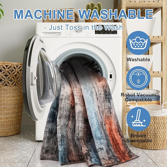 WILLSUN Washable Area Rugs, 3x5 Non-Slip Boho Large Area Rugs for Living Room, Bedroom, Machine Washable Vintage Rug, Indoor Floral Print Carpet for Home Decor, Kid & Pet Friendly Mat