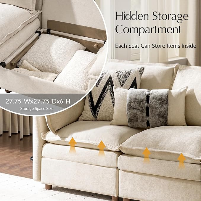 HULALA HOME 128'' Oversized Modular Sectional Sofa with Dual-Layered Cushions, 4 Seater Sofa with Storage Ottoman and Removable Cover, Modern Deep Seat Cloud Couch for Living Room, Beige