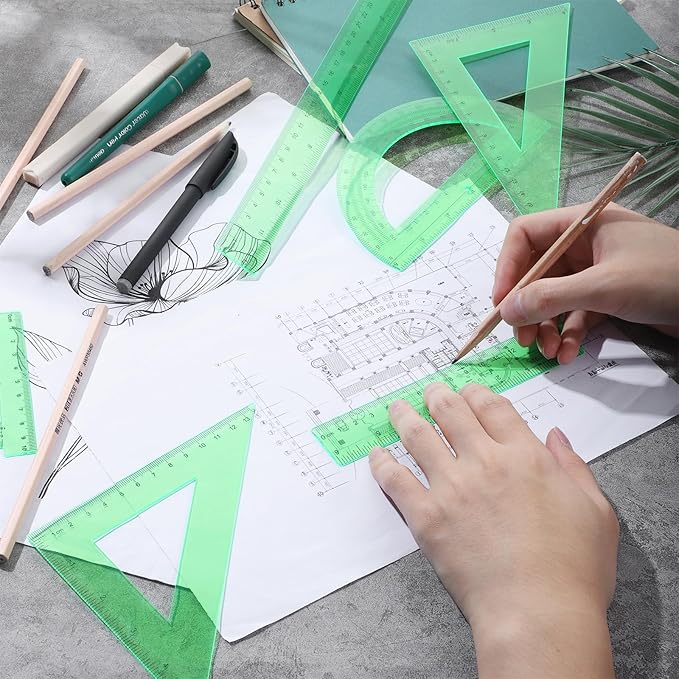 6Pcs Green Plastic Ruler Math Set Includes 12 & 6 Inch Straight Protractor Triangle Math Geometry Set Measuring Tool School Supplies Rulers for School Office Drawing Home