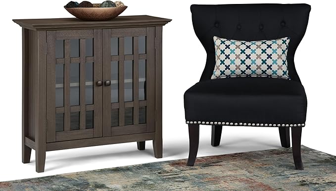 SIMPLIHOME Bedford Storage Cabinet - 32 inch Wide Solid Wood Low Media Cabinet in Farmhouse Grey, Transitional Console for Living Room, Entryway, or Dining Room with Glass Doors and Adjustable Shelves